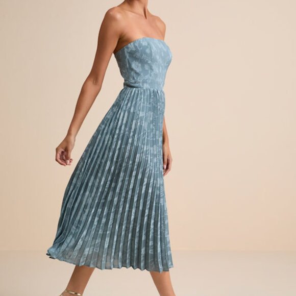 Lulus Perfectly Stunning Slate Blue Jacquard Strapless Midi Dress - Size M - Picture 1 of 1